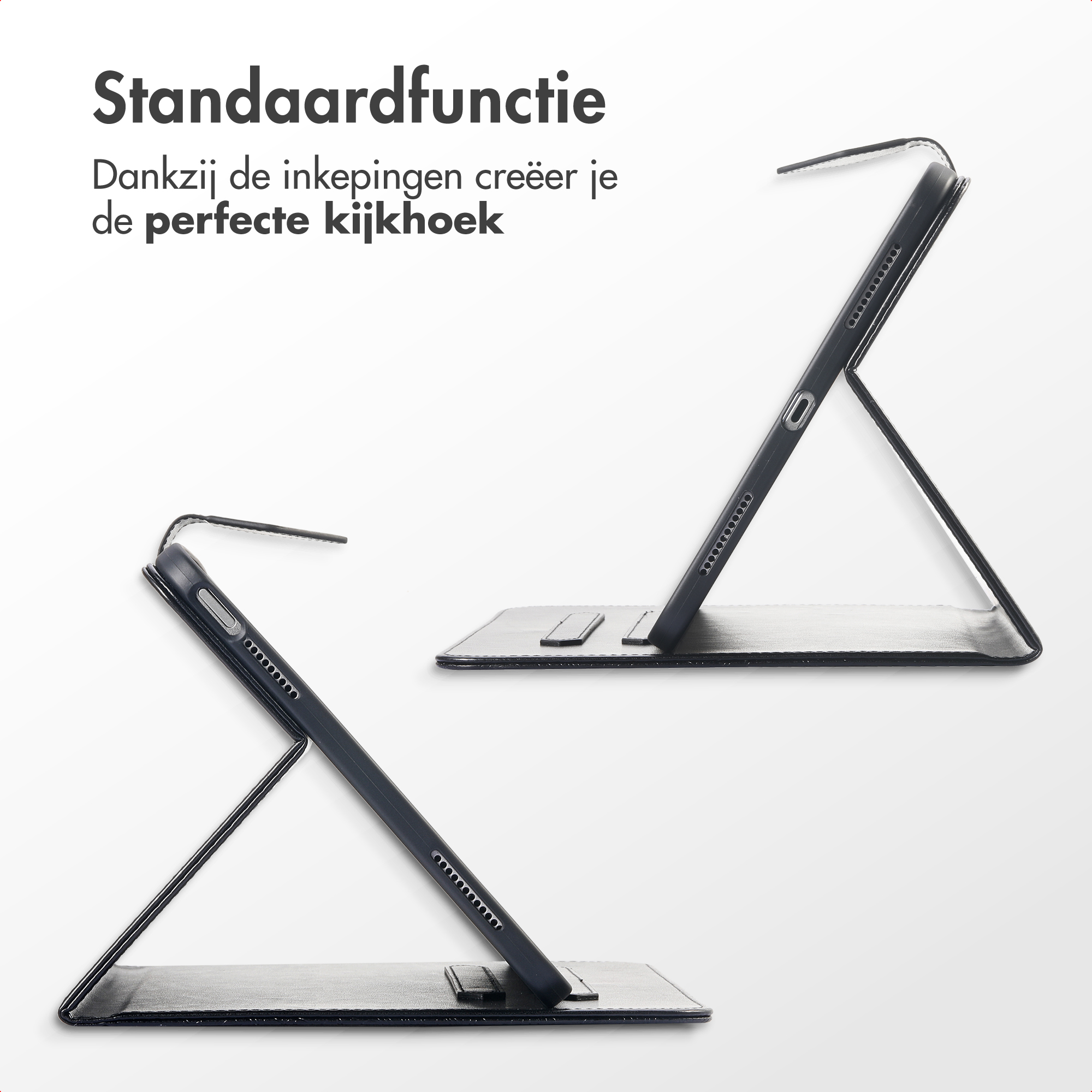 A black tablet in a case, used as a stand, shown in two views.