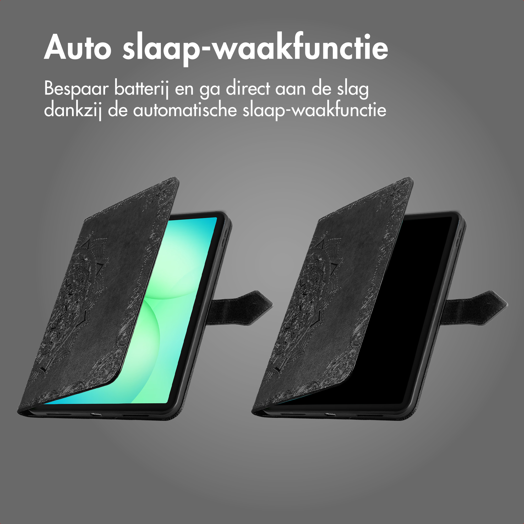 Two black tablet cases. One shows a bright screen, the other a dark one.