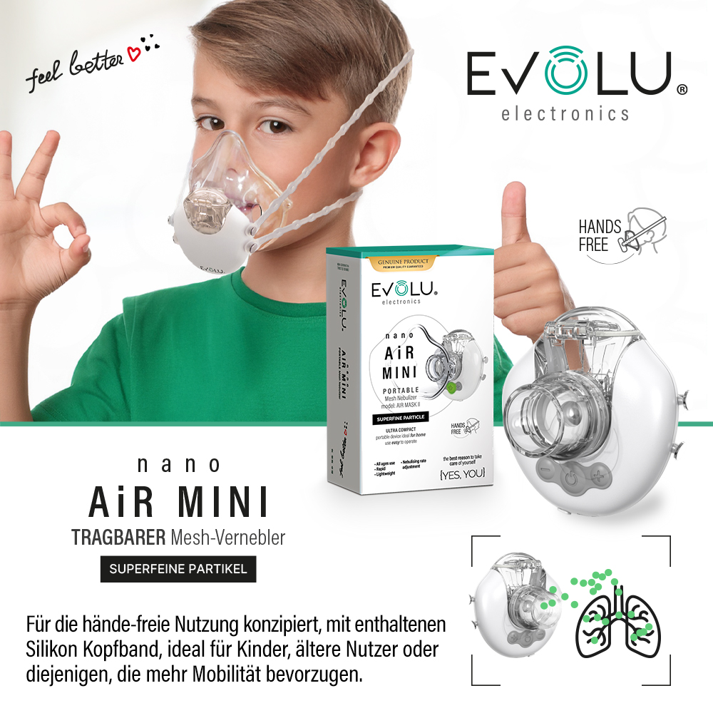 Junge mit Maske, Produktbox und Vernebler. "feel better" Schriftzug.