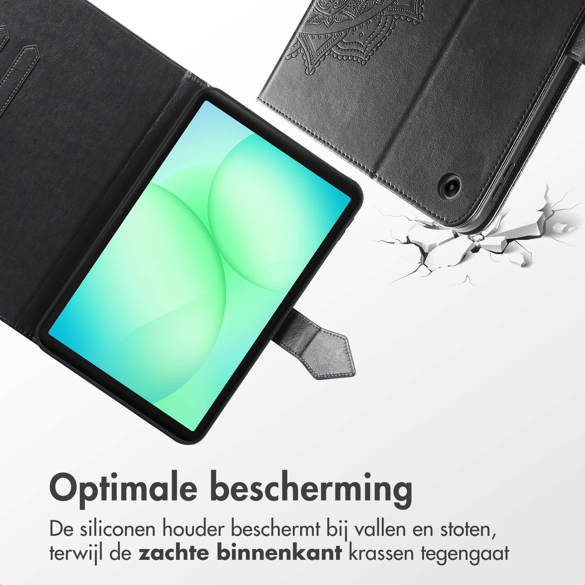 Black tablet case with mandala embossing, featuring a tablet and cracked floor.
