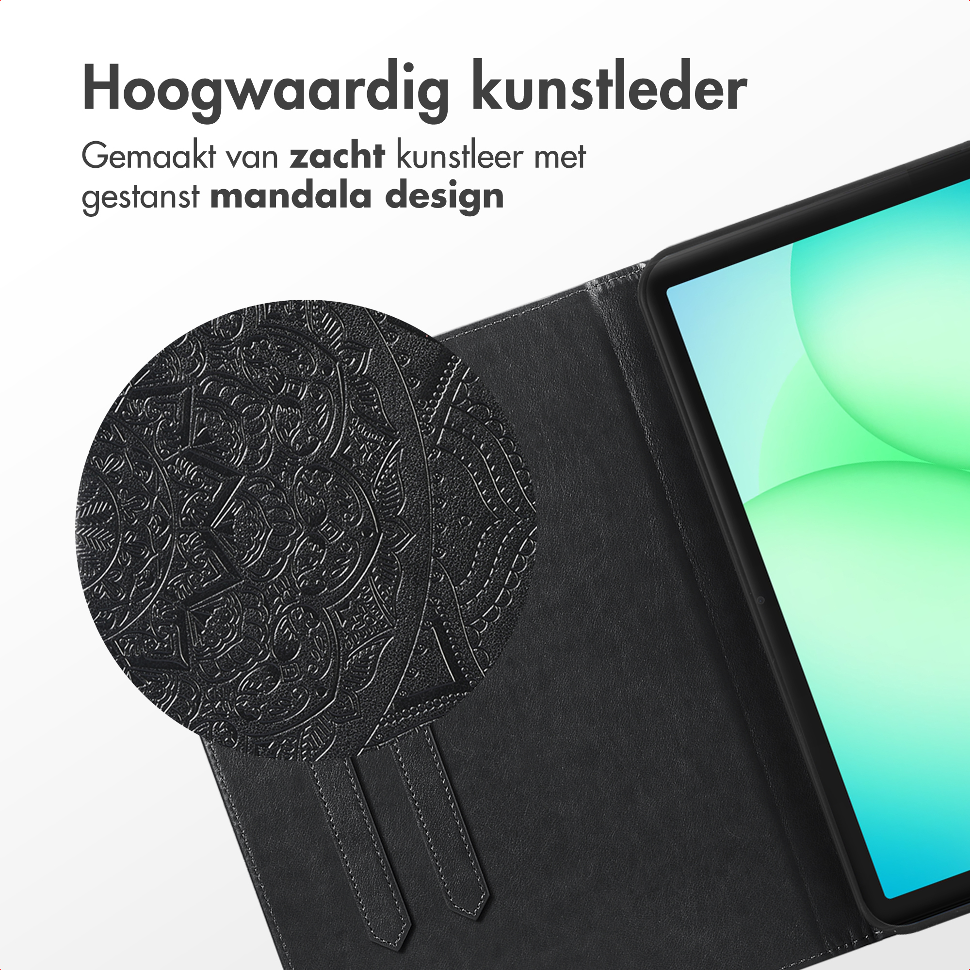Black faux leather tablet case with mandala pattern and green screen.