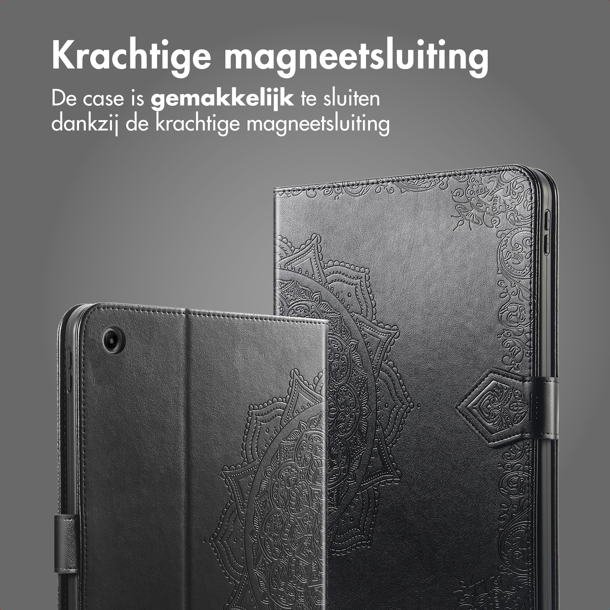 Two black tablet cases with mandala pattern, one in front, one behind.