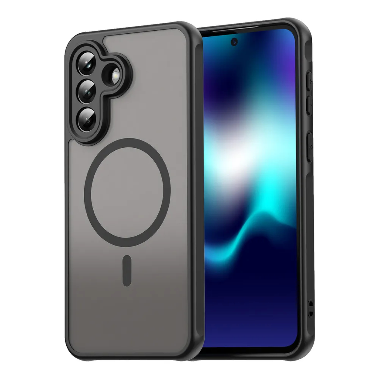 Een zwarte telefoon in een doorzichtige hoes met camera's en magneetring.