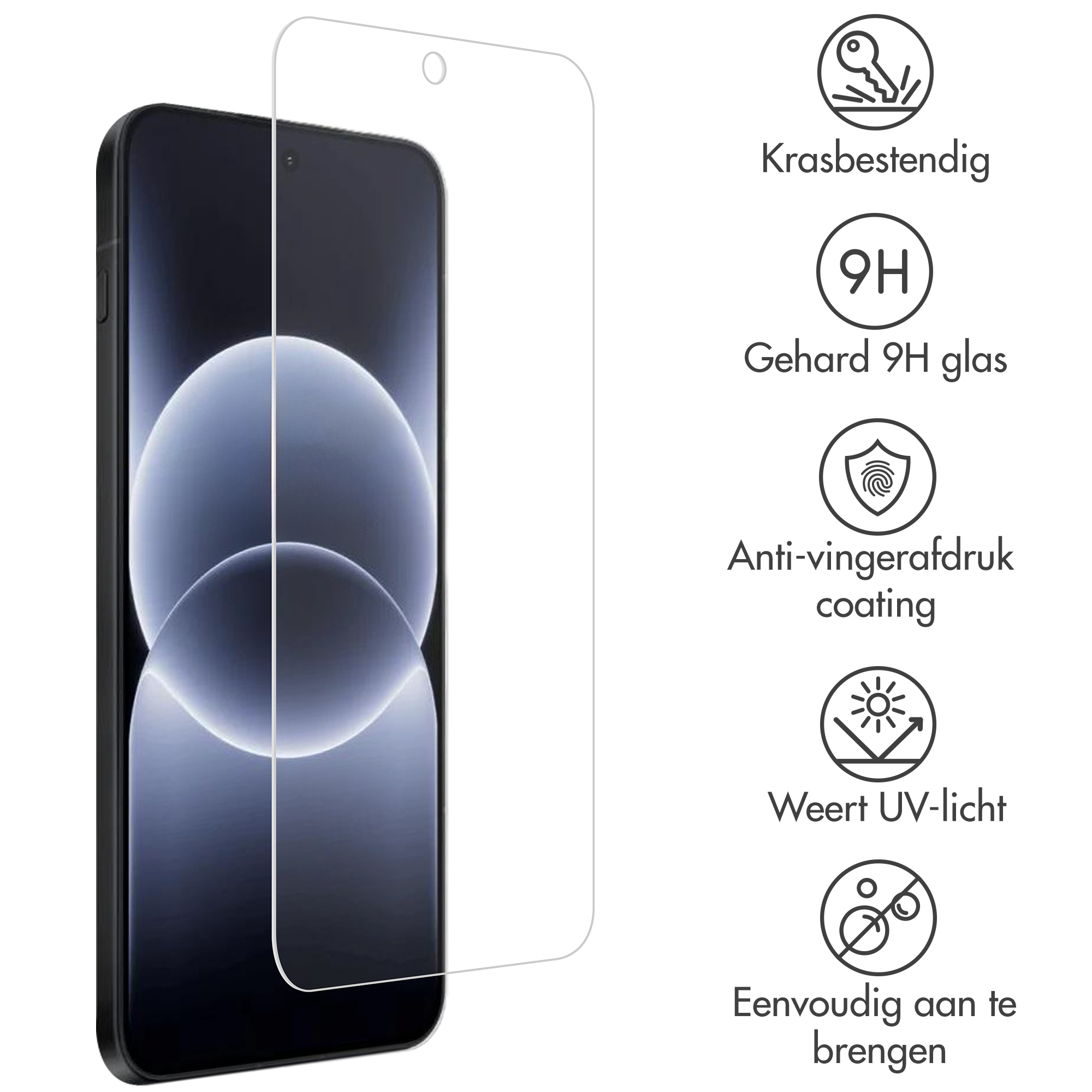 Een screenprotector voor smartphone, met iconen voor krasbestendigheid en UV-bescherming.