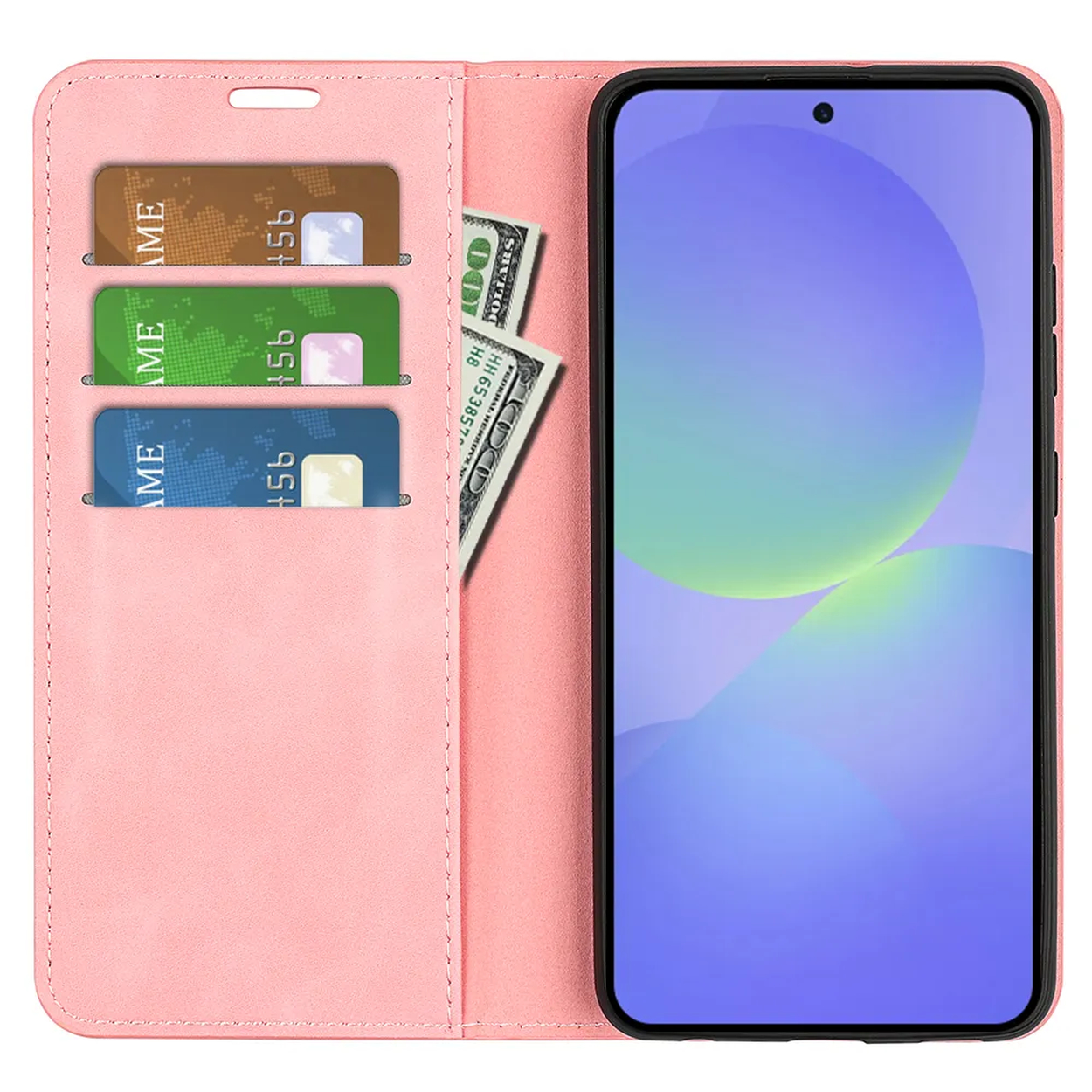 Roze telefoonhoesje met kaarthouders en bankbiljetten, naast een telefoon.