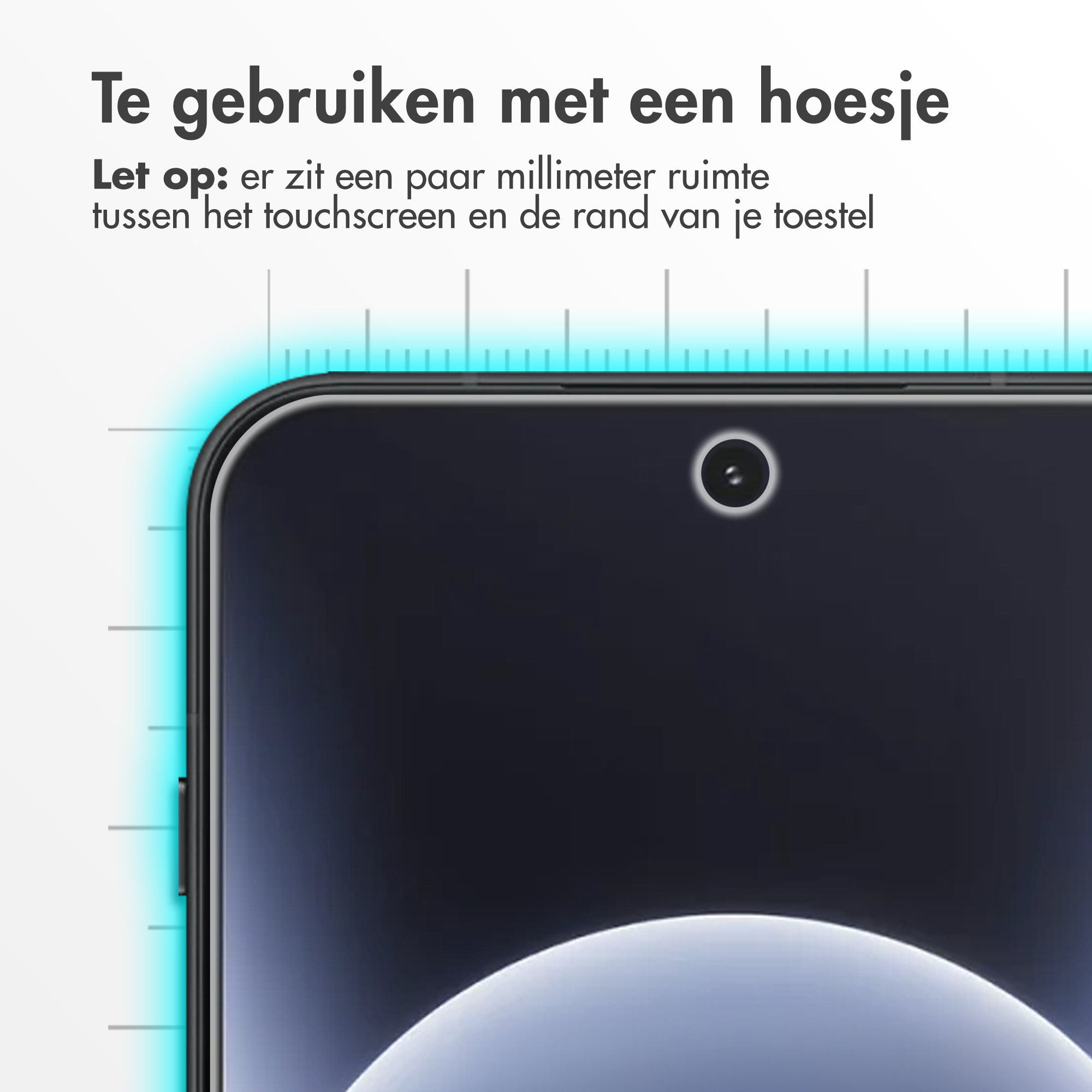 Close-up van smartphone met tekst: te gebruiken met hoesje.