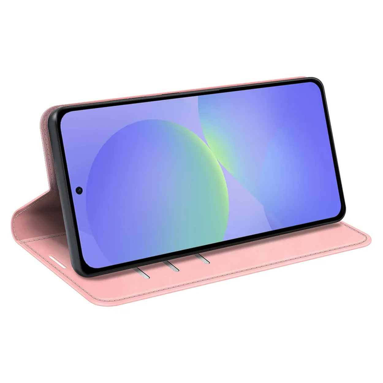 Een roze telefoonhoesje met een smartphone die een abstract scherm toont.