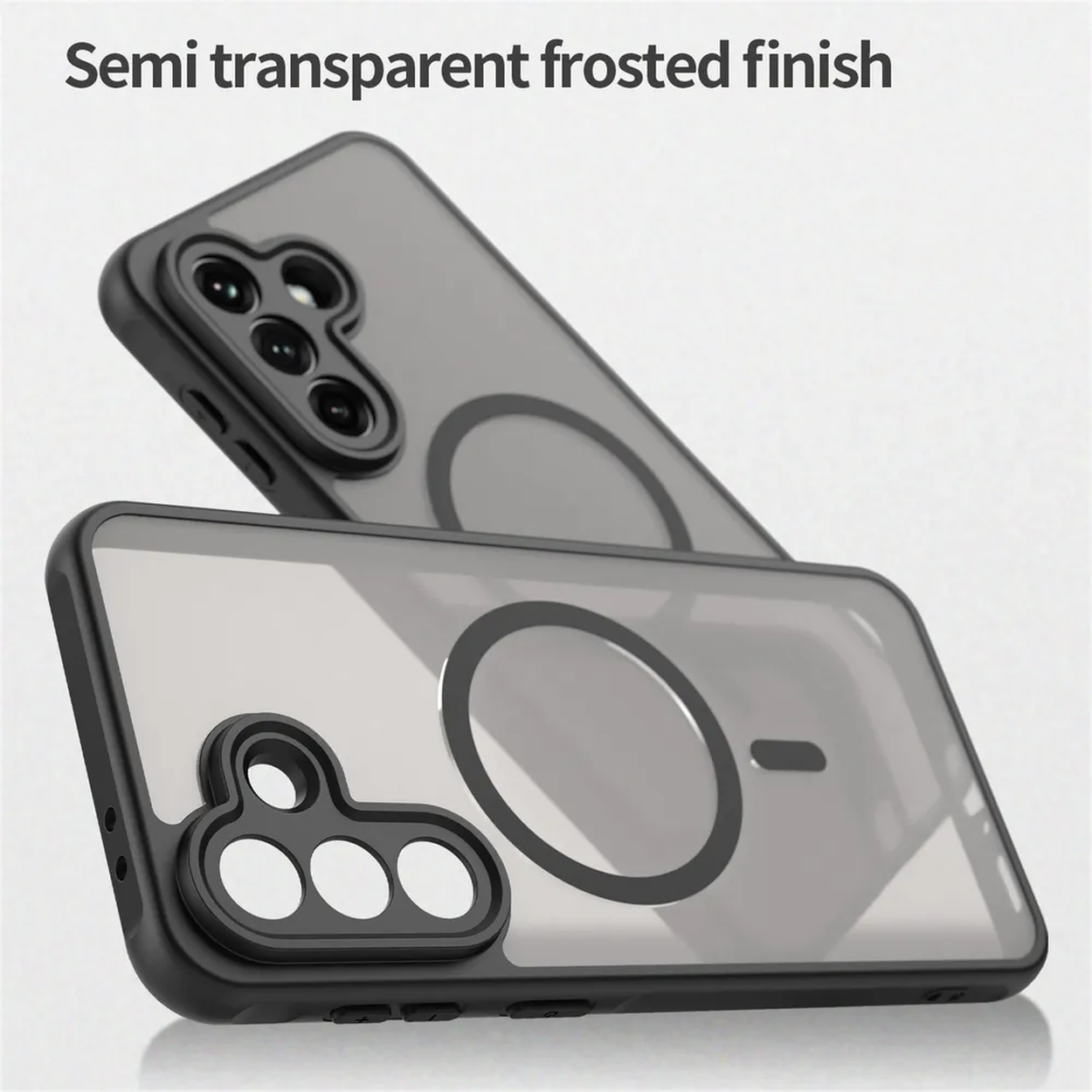 Twee semi-transparante frosted telefoonhoesjes met magnetische ring.
