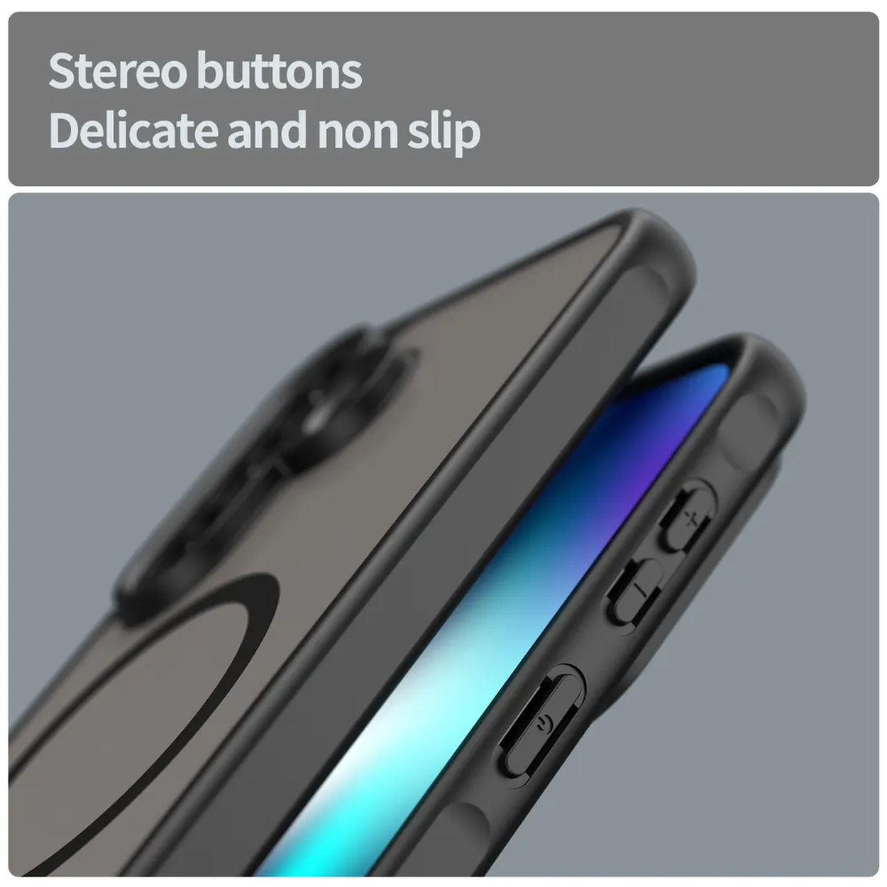 Zwarte telefoonhoes met stereoknoppen en een deel van het scherm.