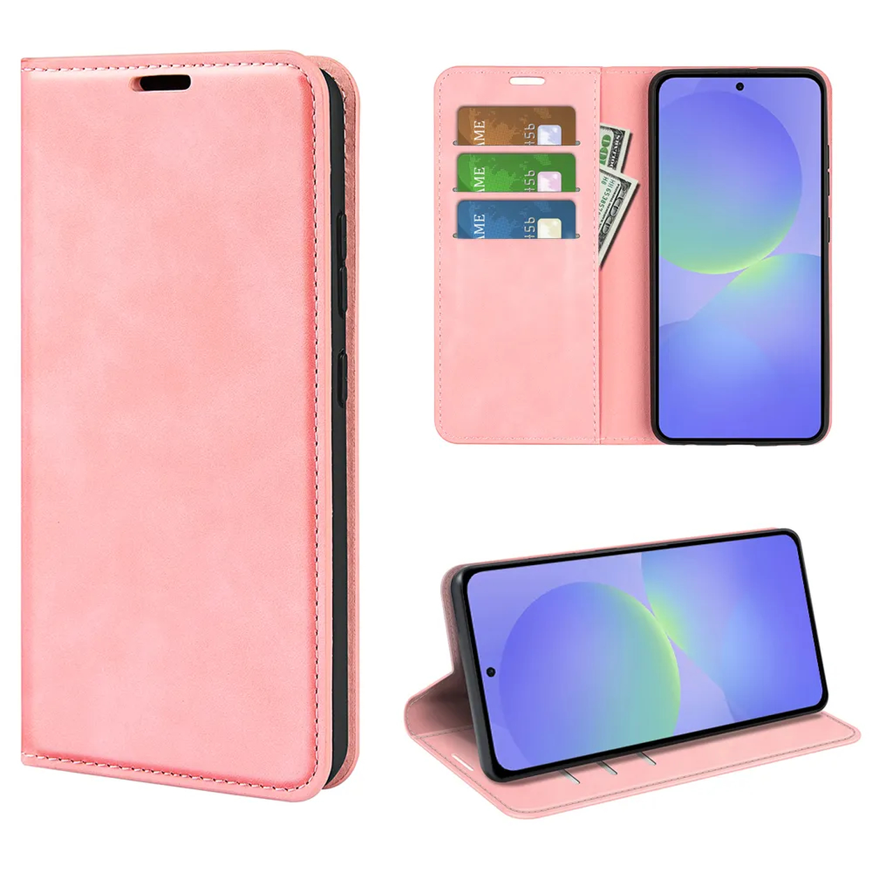 Roze telefoonhoesje met kaarthouders en geldvak, toont de telefoon.