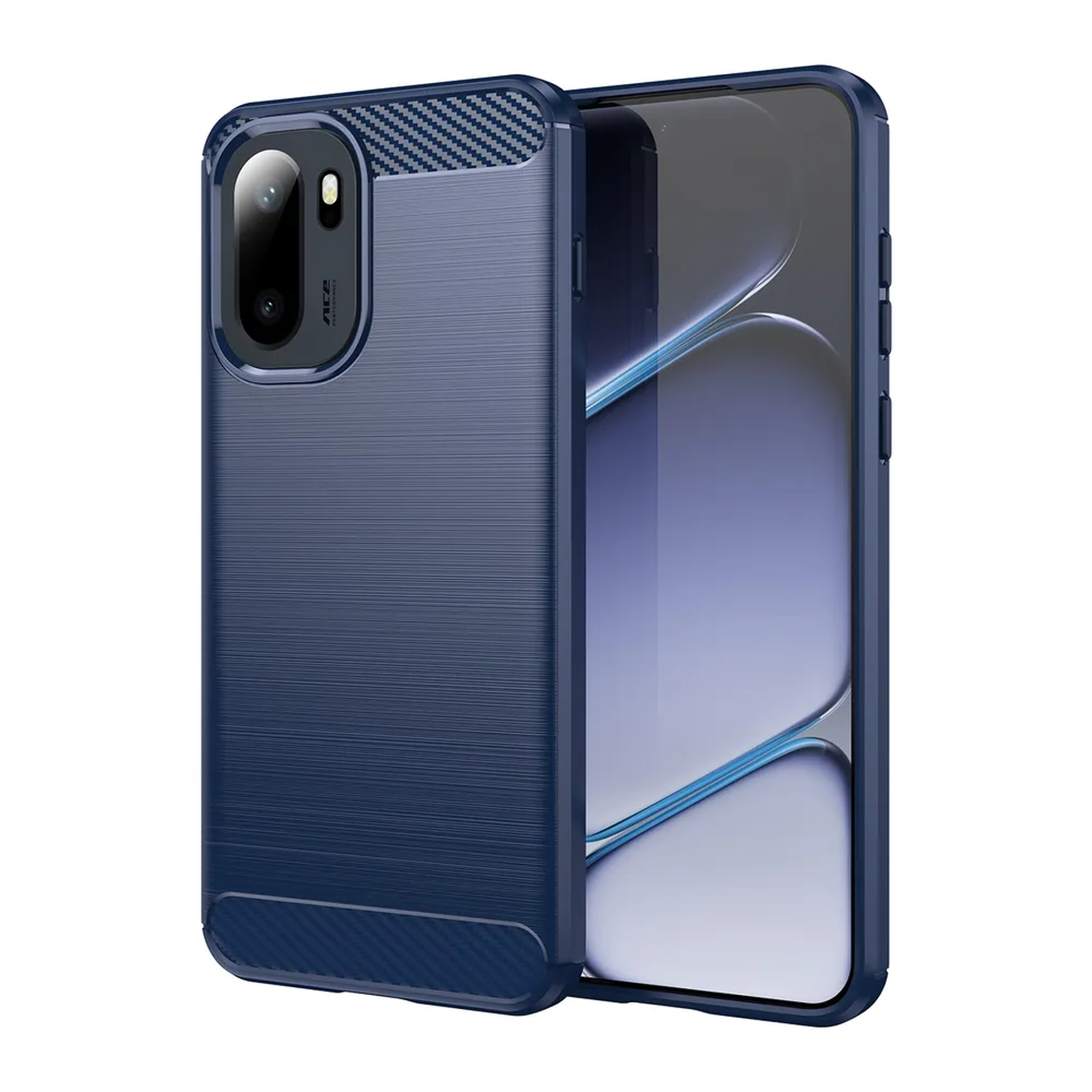 Donkerblauwe telefoonhoes met koolstofvezelaccenten en camerabehuizing.