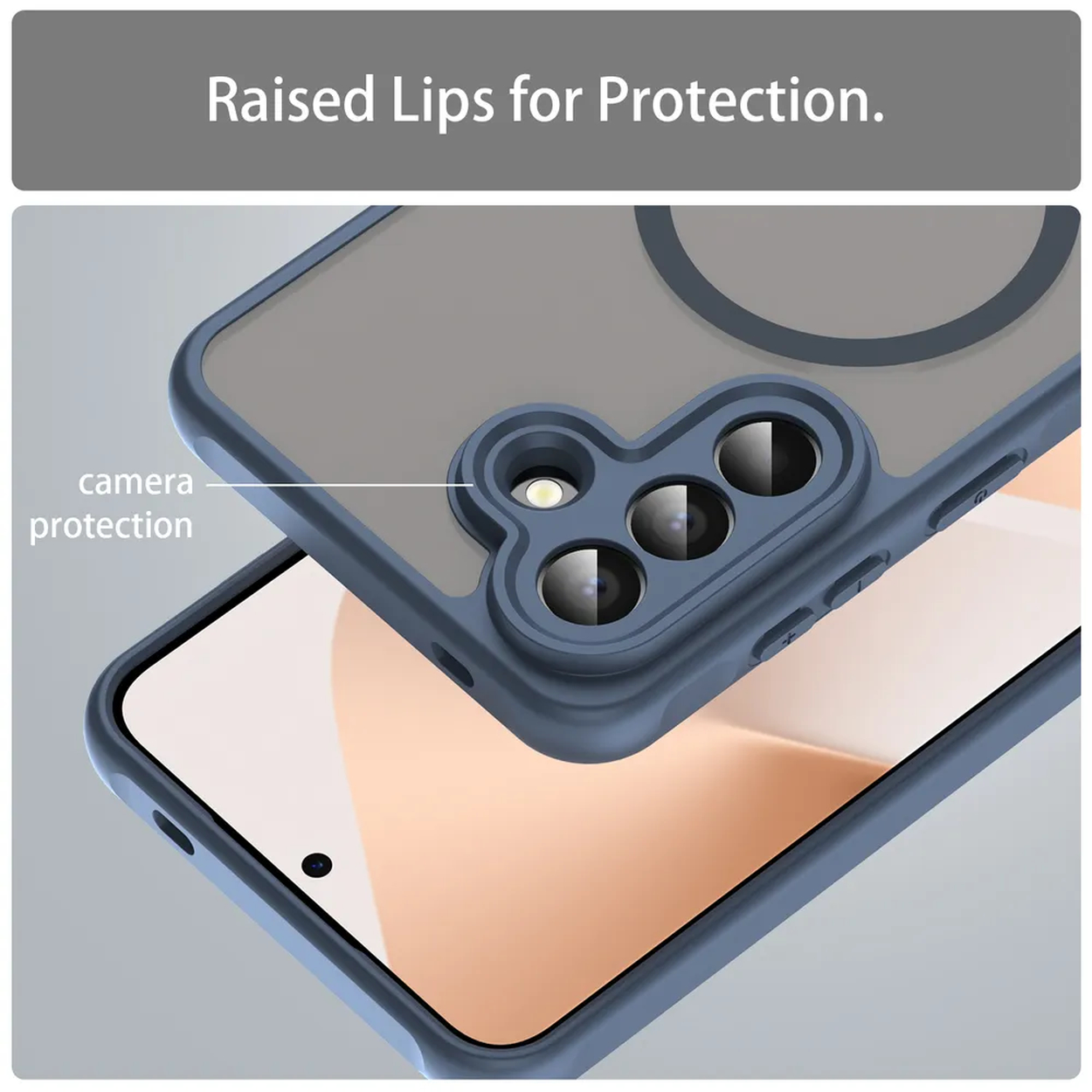 Coque de téléphone bleue avec découpe caméra et bords surélevés.