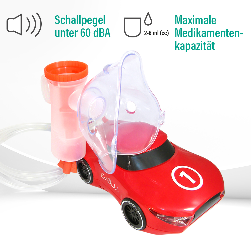 Ein roter Vernebler in Autoform mit Maske, 2-8 ml Kapazität, unter 60 dBA.
