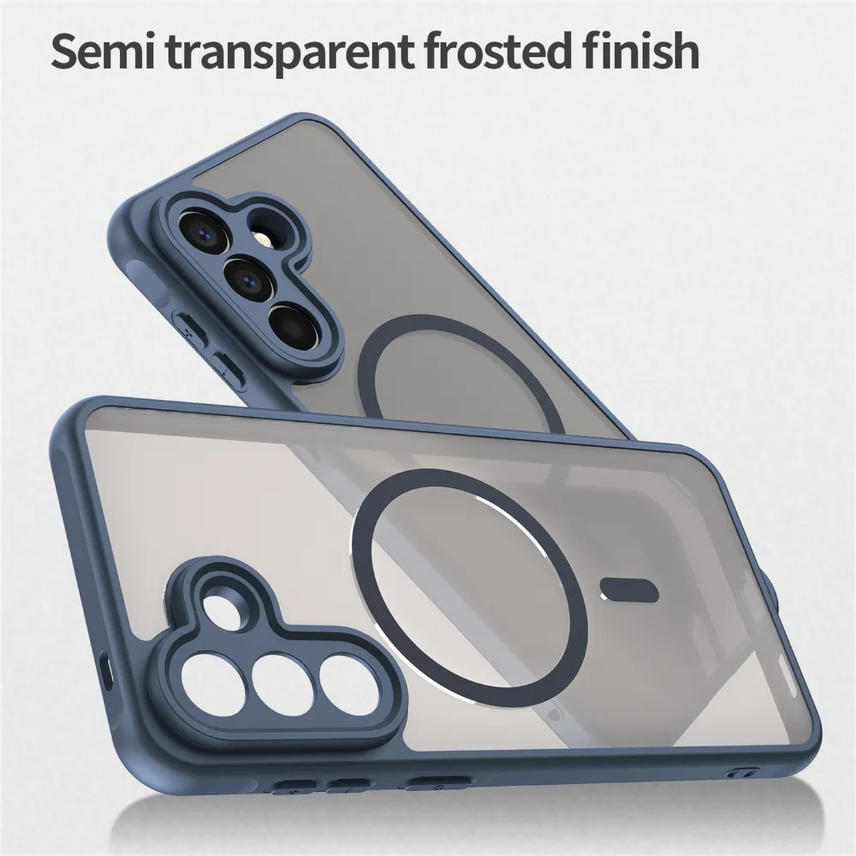 Deux coques de téléphone bleues avec dos dépoli semi-transparent et découpes caméra.