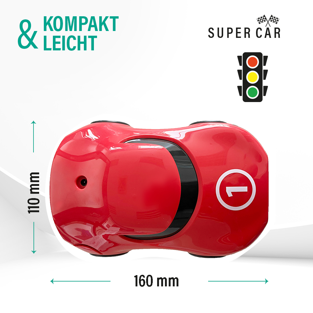Rotes Spielzeugauto mit "1", 160x110mm, mit Ampel-Symbol.