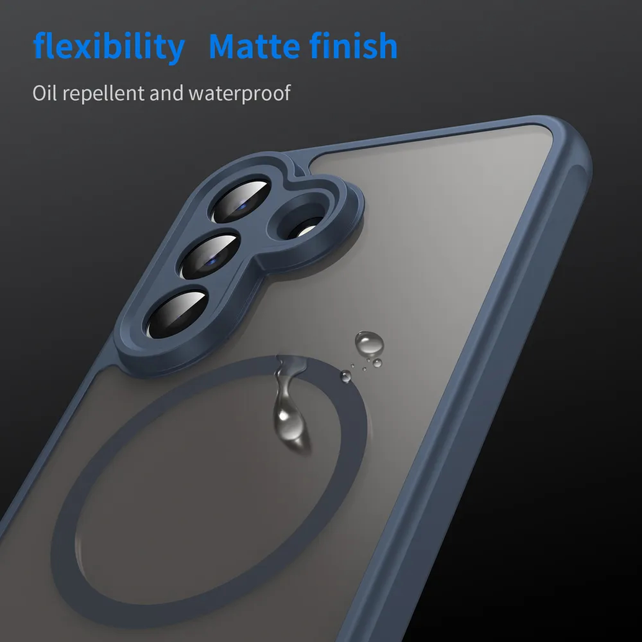 Coque de téléphone bleue avec trois caméras et gouttes d'eau.