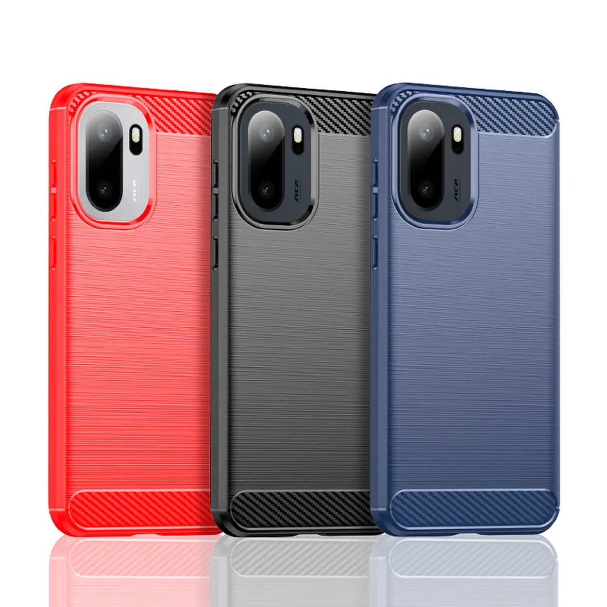Drie telefoonhoesjes naast elkaar: rood, grijs en blauw, met camera-uitsparing.