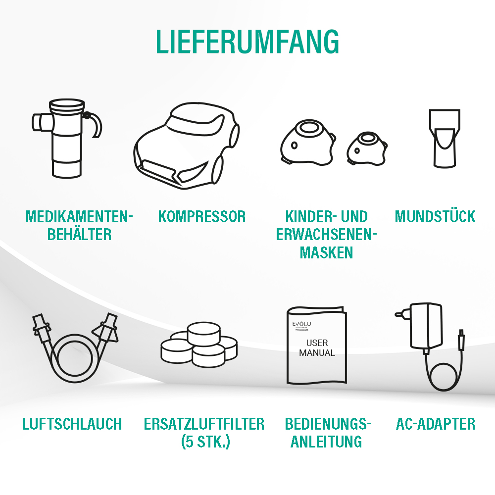 Lieferumfang: Medikamentenbehälter, Kompressor, Masken, Mundstück, Schlauch, Filter, Anleitung, Netzteil.