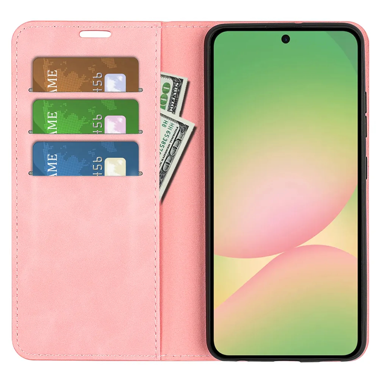 Étui de téléphone rose avec fentes pour cartes, billets et un smartphone.