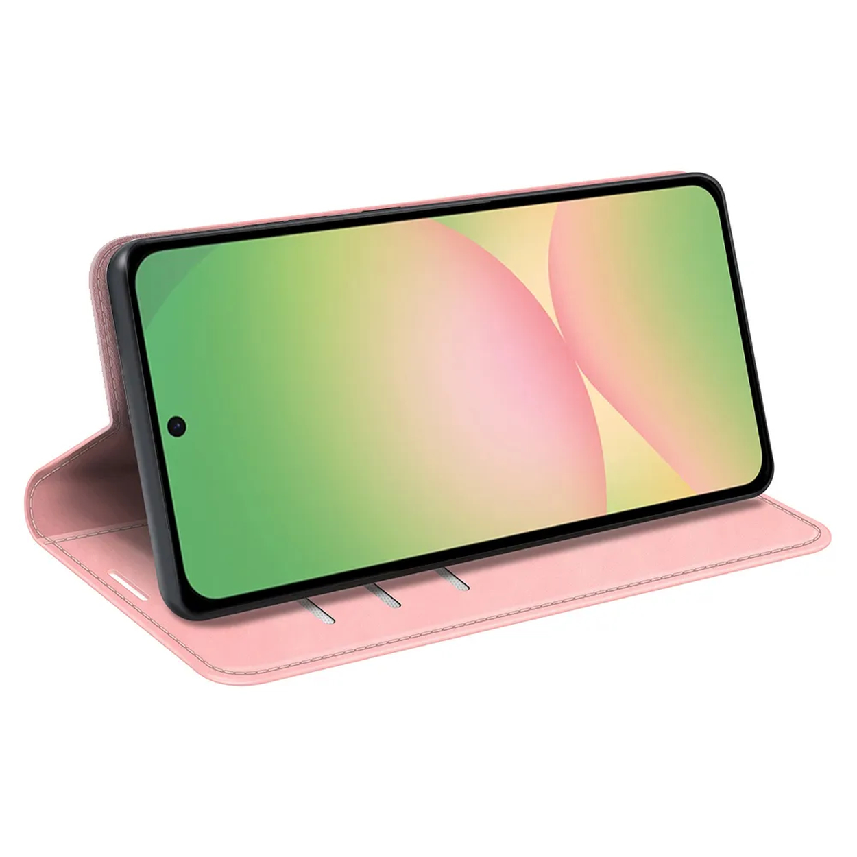 Un étui à rabat rose pour smartphone posé sur une surface blanche.