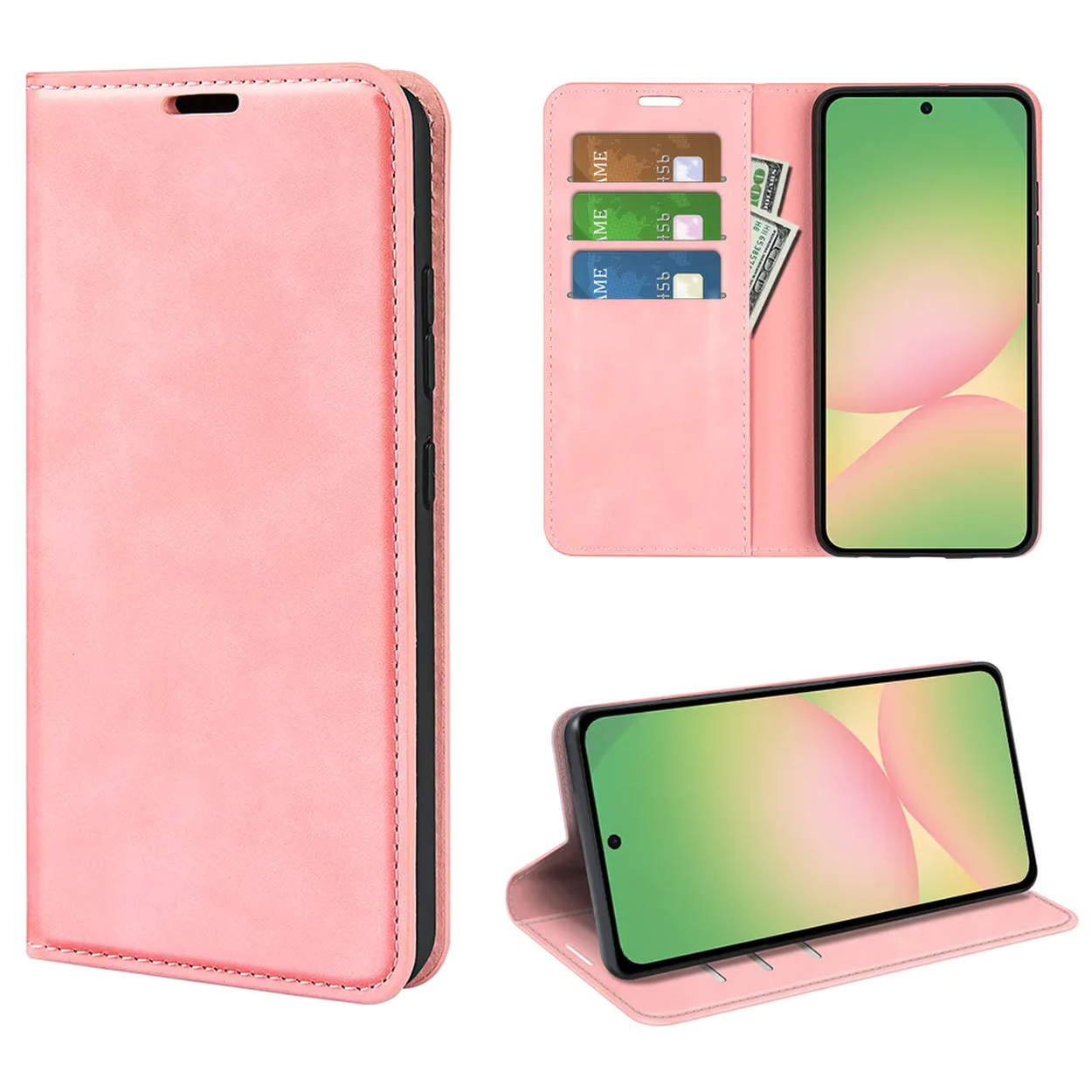 Un étui de téléphone rose avec des fentes pour cartes et un téléphone.