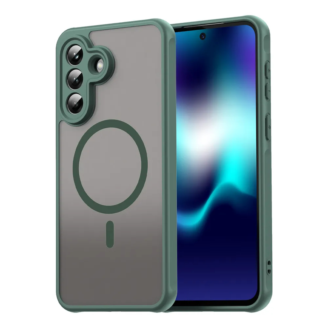 Donkergroene telefoonhoes met doorzichtige achterkant en drie camera's op witte achtergrond.
