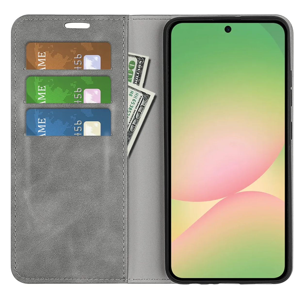 Grijze telefoonhoes met kaartsleuven, bankbiljetten en een smartphone.