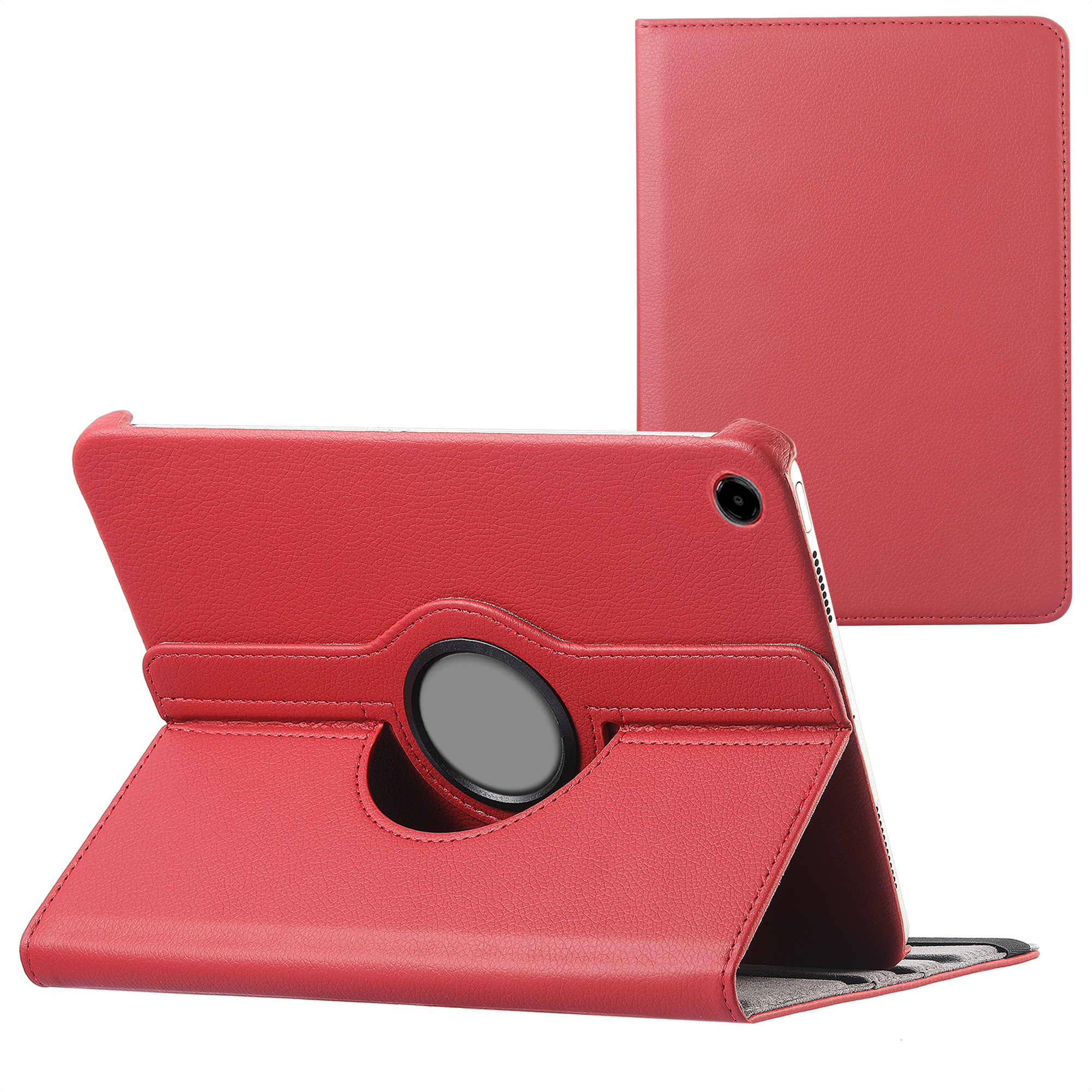 Étui rouge en cuir pour tablette en mode paysage avec fonction support.