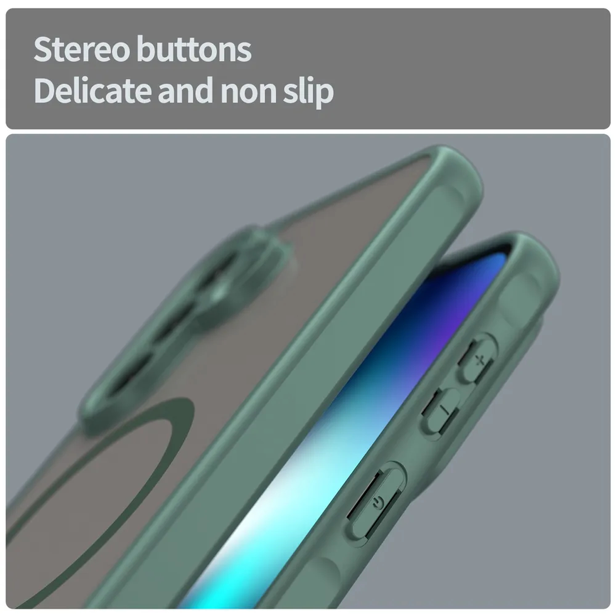 Groene telefoonhoes met zichtbare volume- en aan/uitknoppen.