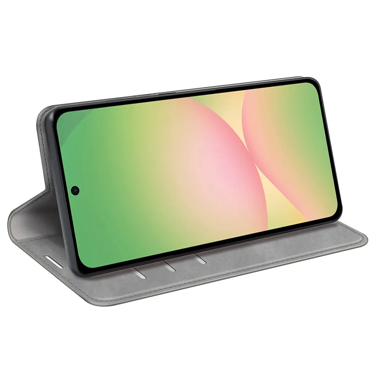 Grijze flipcase met een smartphone erop, die een kleurrijk scherm toont.