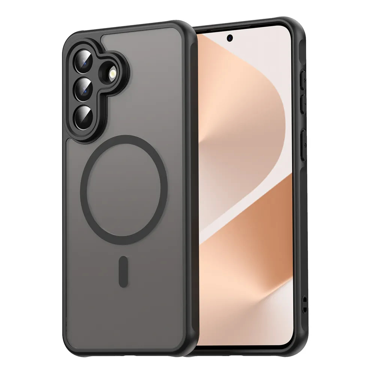 Un téléphone noir dans un étui translucide montrant trois caméras et un anneau.