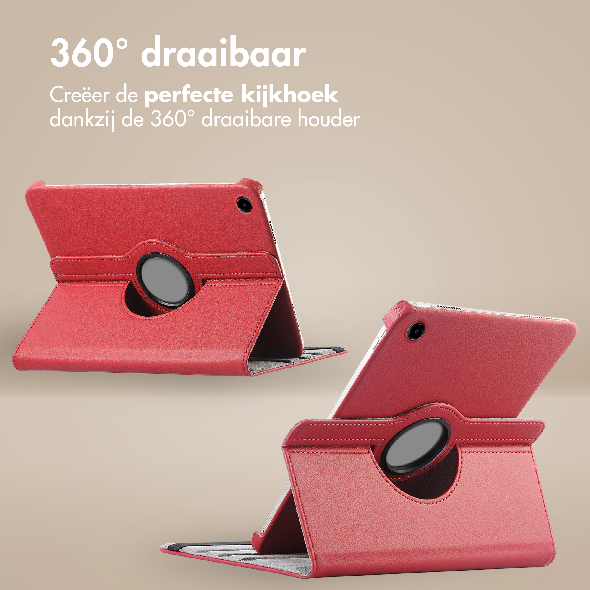 Deux étuis rouges pour tablette avec rotation à 360 degrés sur fond clair.
