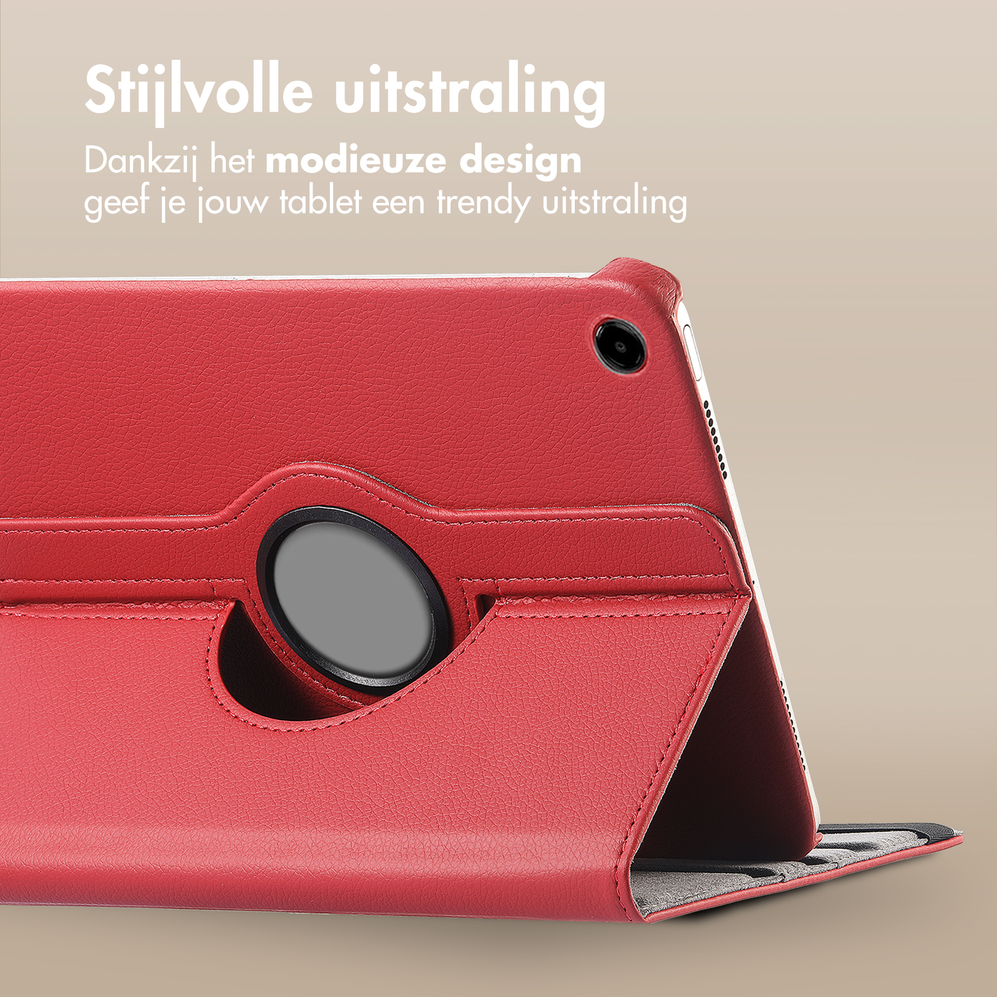 Étui rouge pour tablette avec fonction pivotante et design moderne.