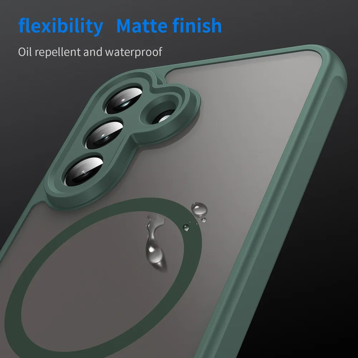 Groene telefoonhoes met drie camera's en waterdruppels.