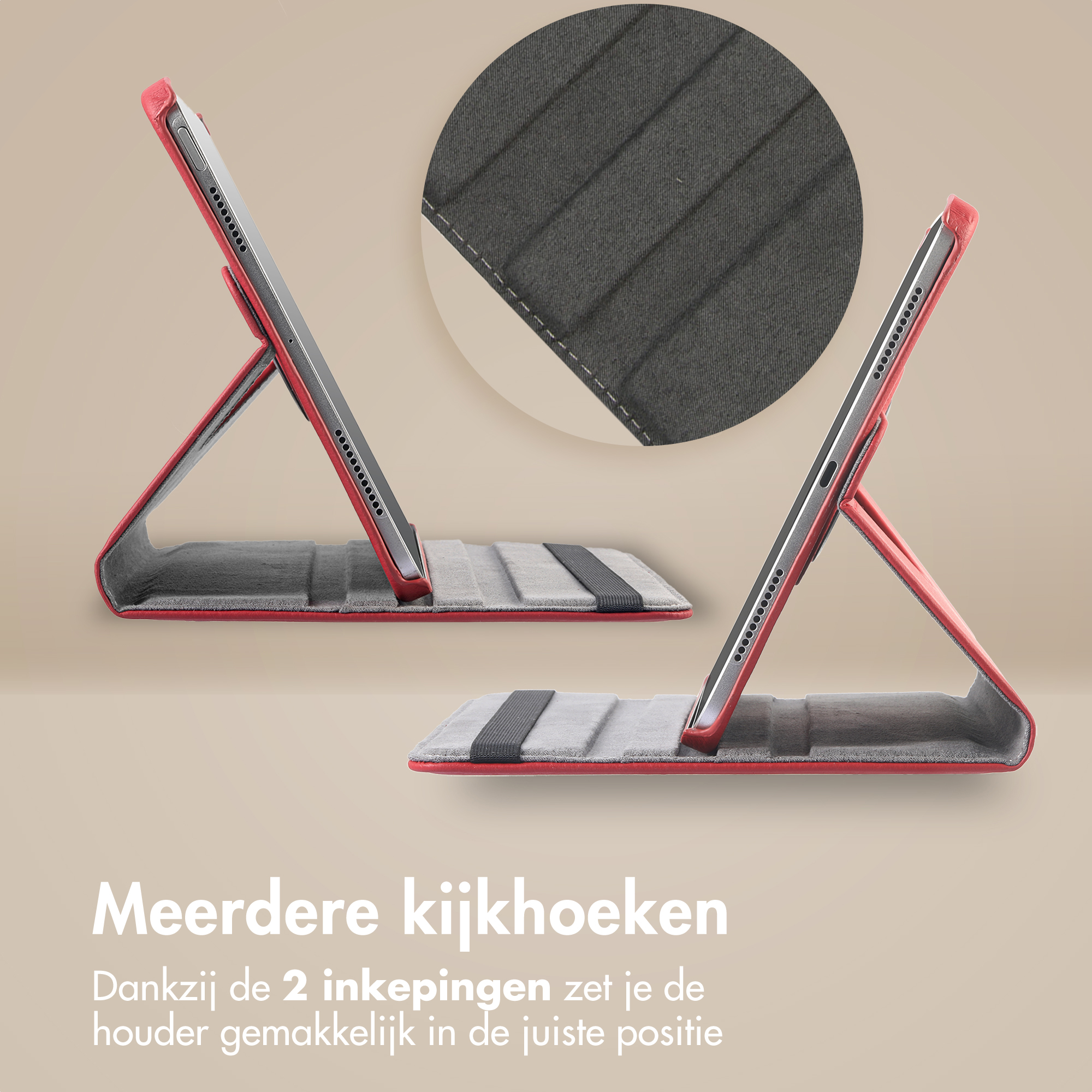 Support de tablette rouge en deux vues, avec un gros plan de la texture du tissu.
