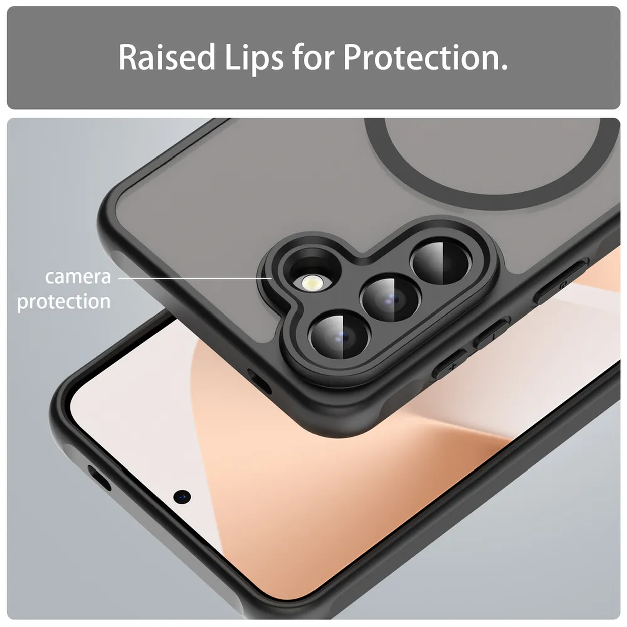 Coque de téléphone noire avec bords surélevés pour protéger l'appareil photo.