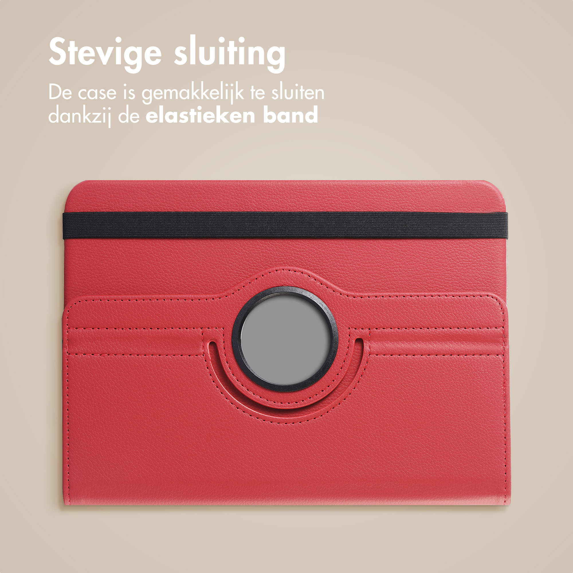 Étui rouge pour tablette avec élastique noir et détails cousus.