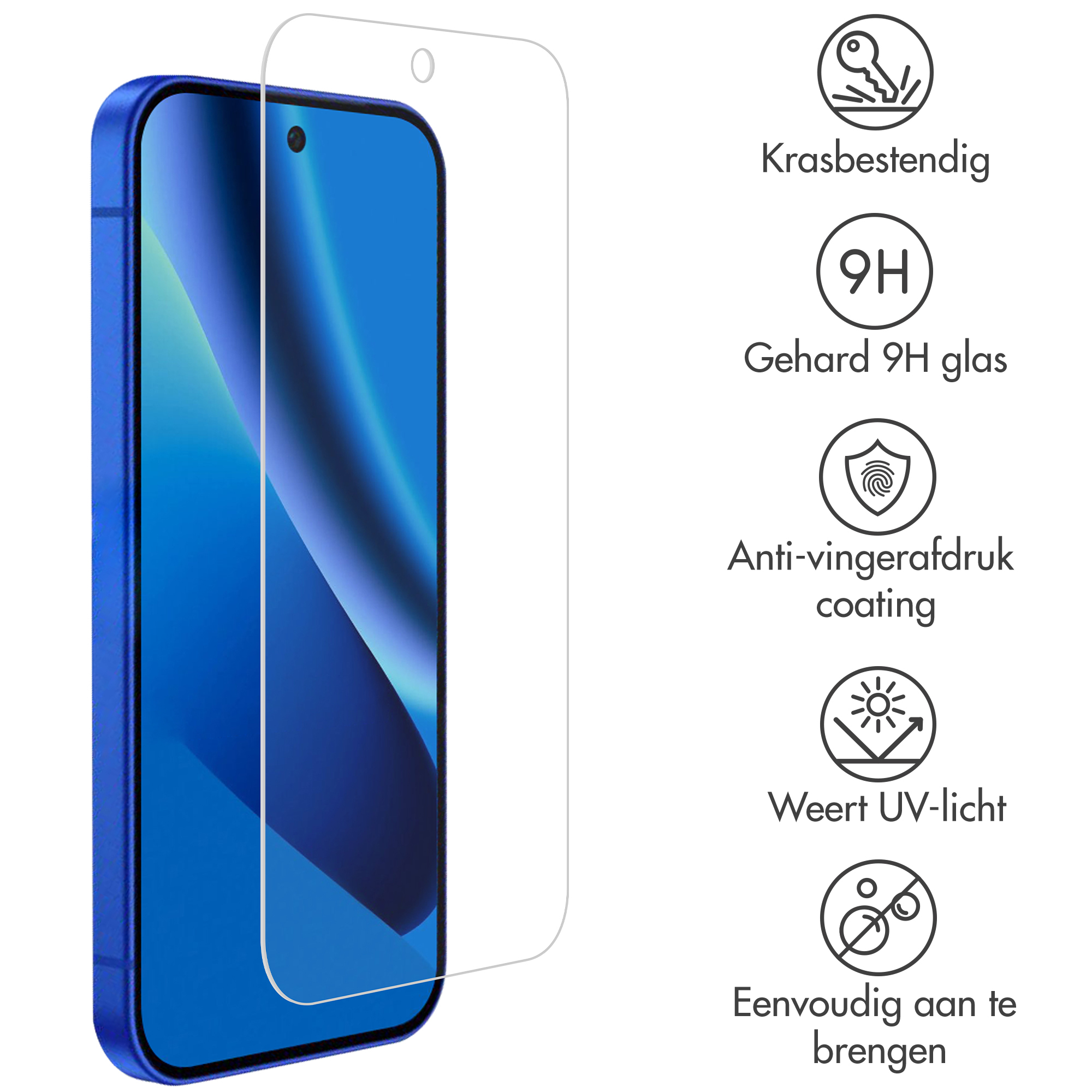 Un smartphone bleu à côté d'un protecteur d'écran. Les icônes montrent la résistance aux rayures, la dureté 9H, le revêtement.
