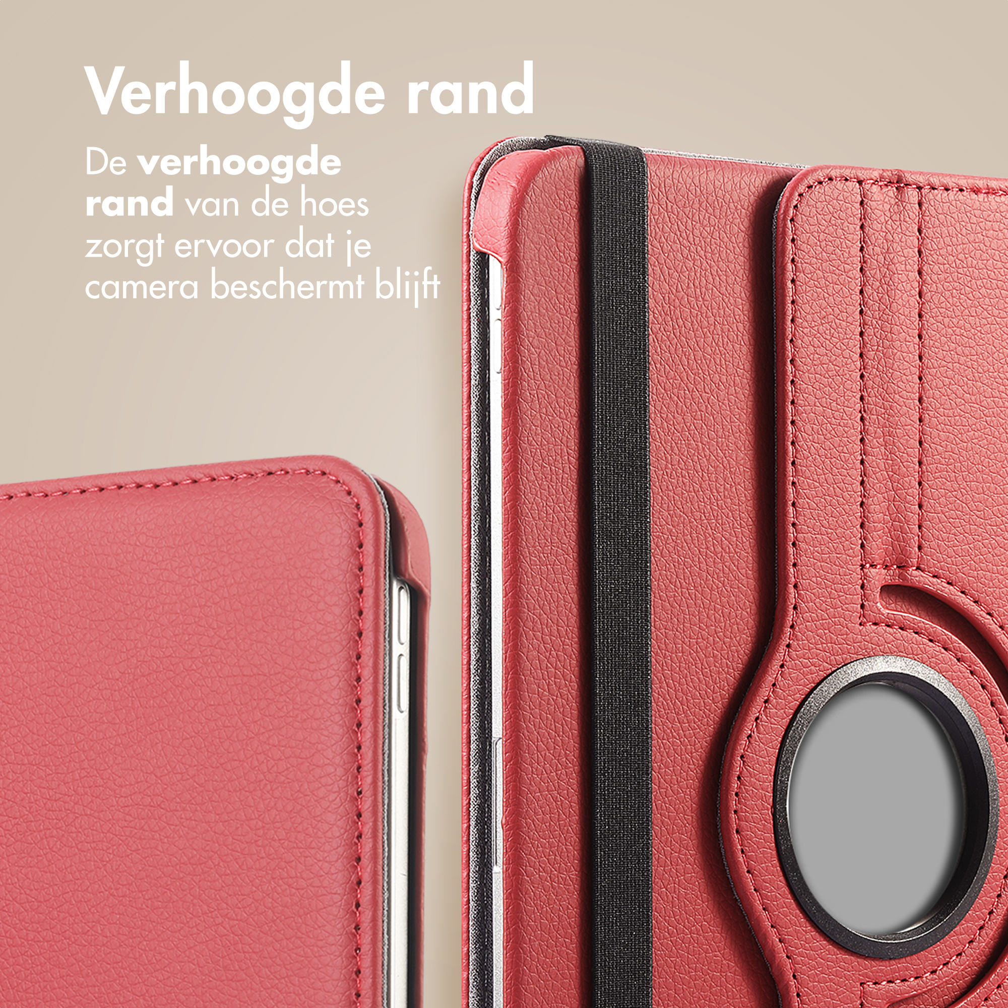 Étui rouge pour tablette avec bord surélevé protégeant l'appareil photo.