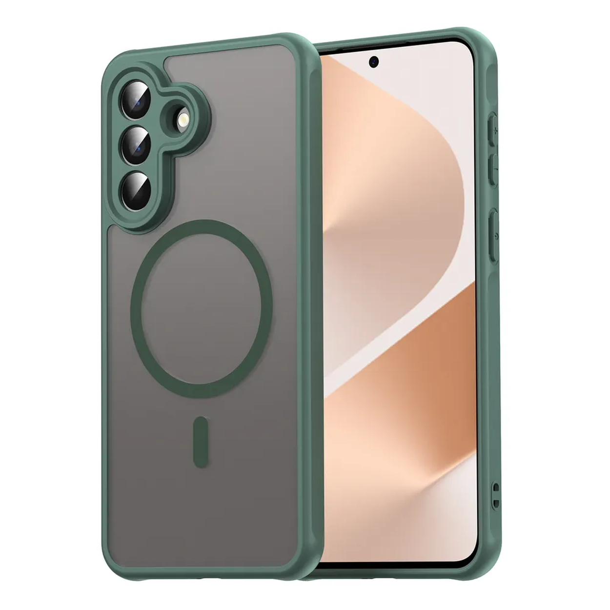 Une coque de téléphone verte avec trois caméras et un anneau magnétique.