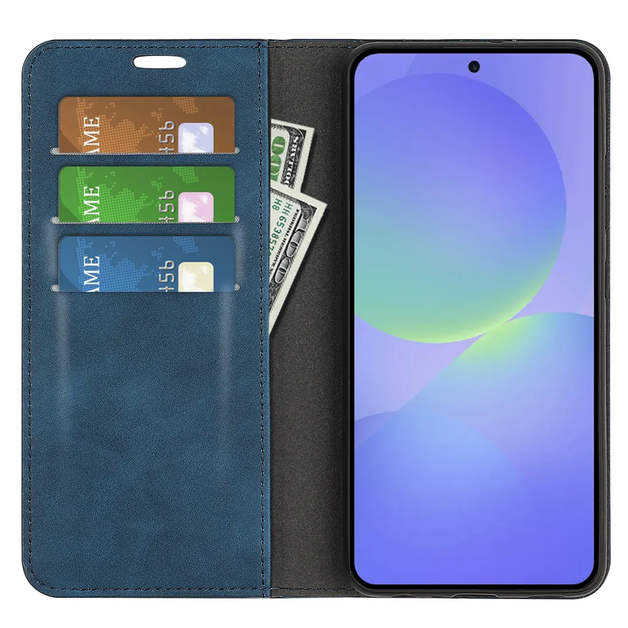 Étui de téléphone bleu avec fentes pour cartes, argent et un smartphone à écran bleu.