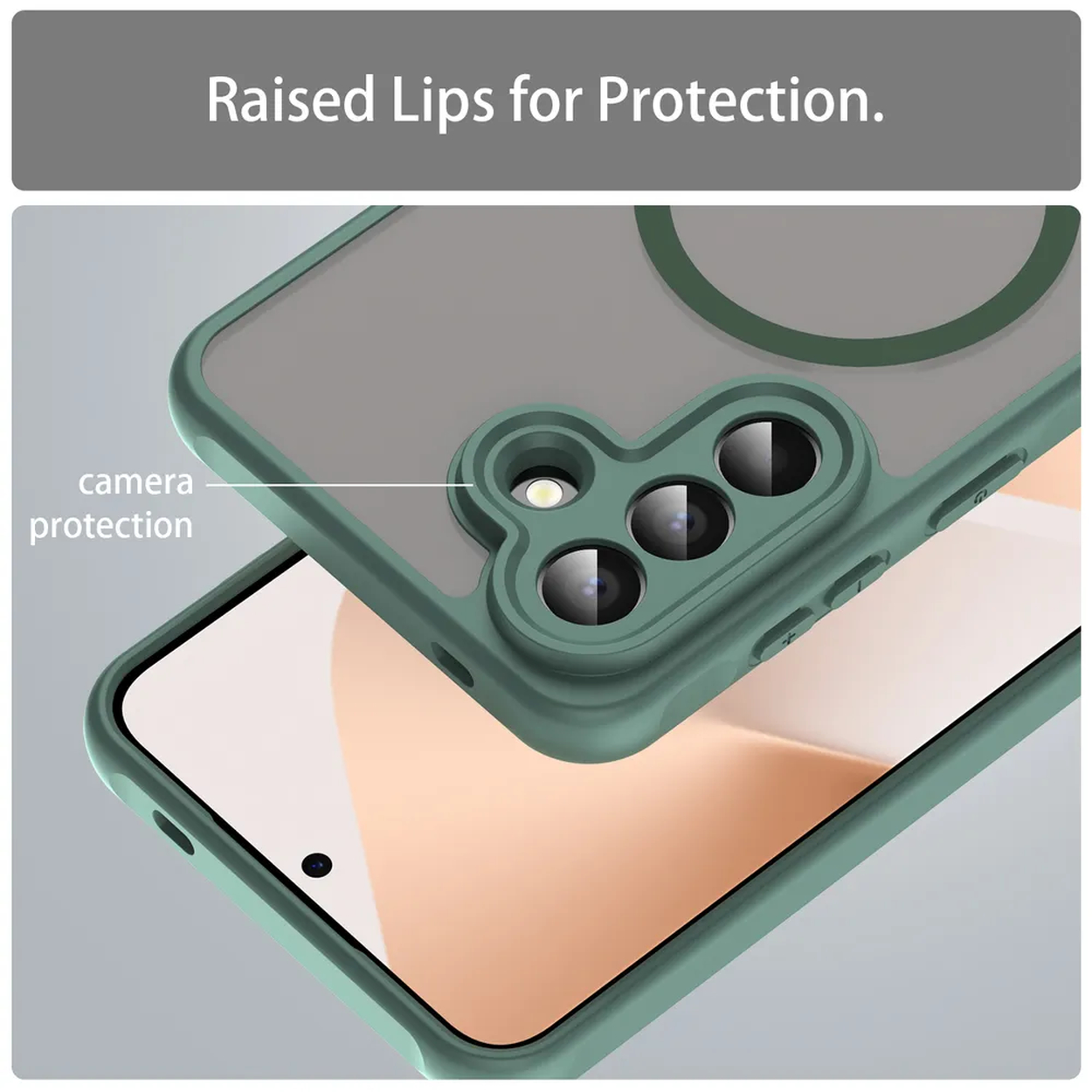 Coque de téléphone verte avec découpe caméra et bords surélevés.