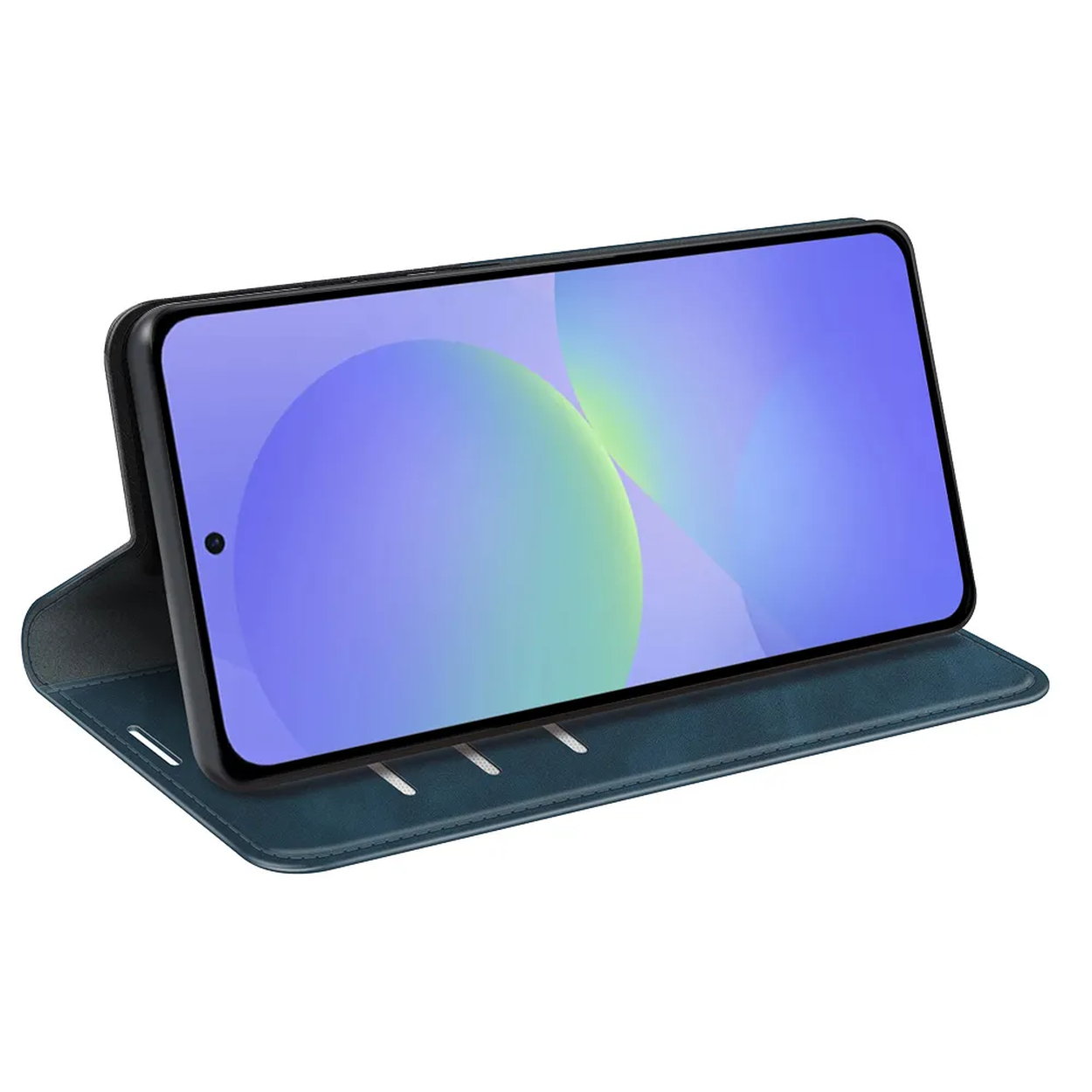 Un smartphone bleu dans un étui ouvert avec un fond coloré à l'écran.