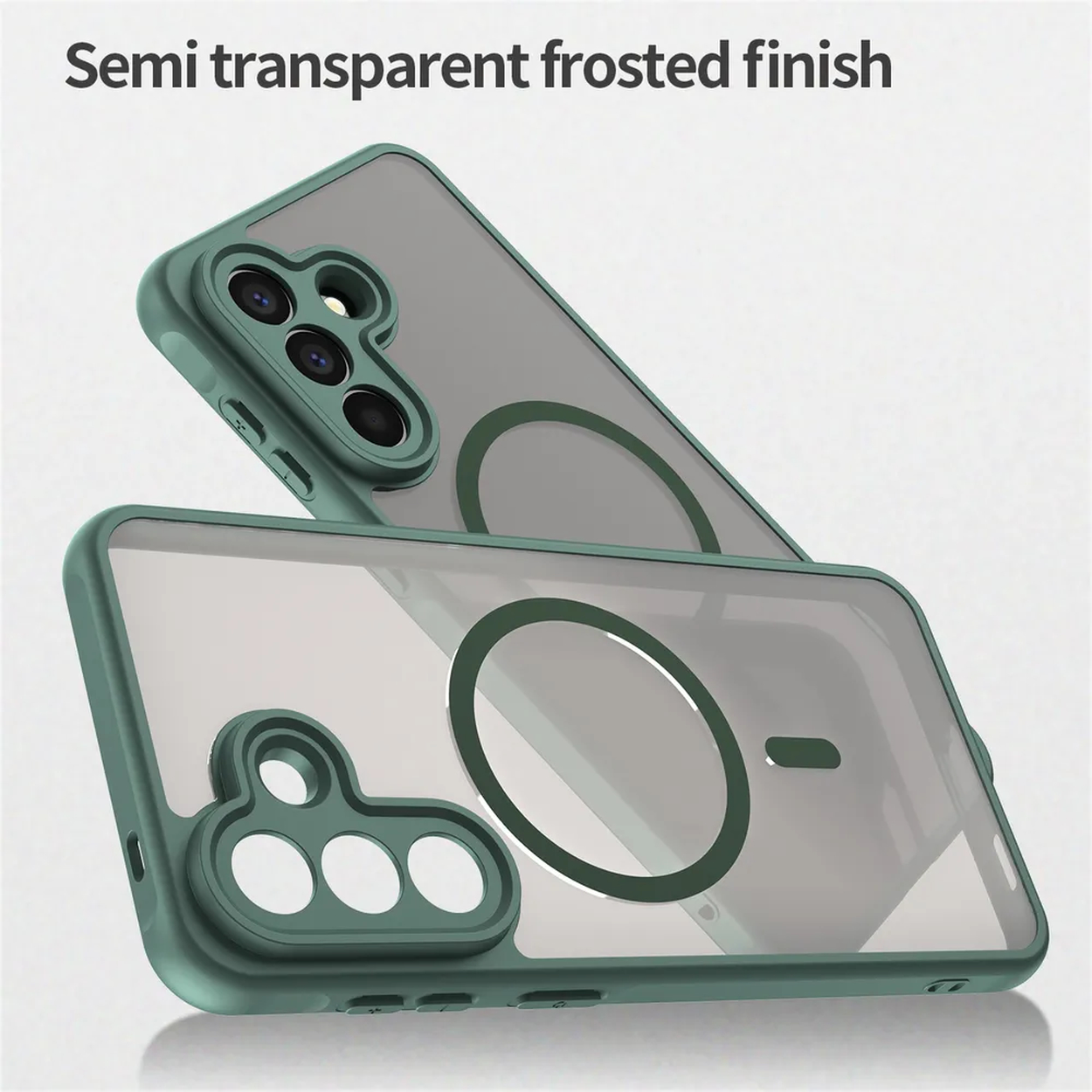 Deux coques de téléphone transparentes avec bords verts et découpes caméra.