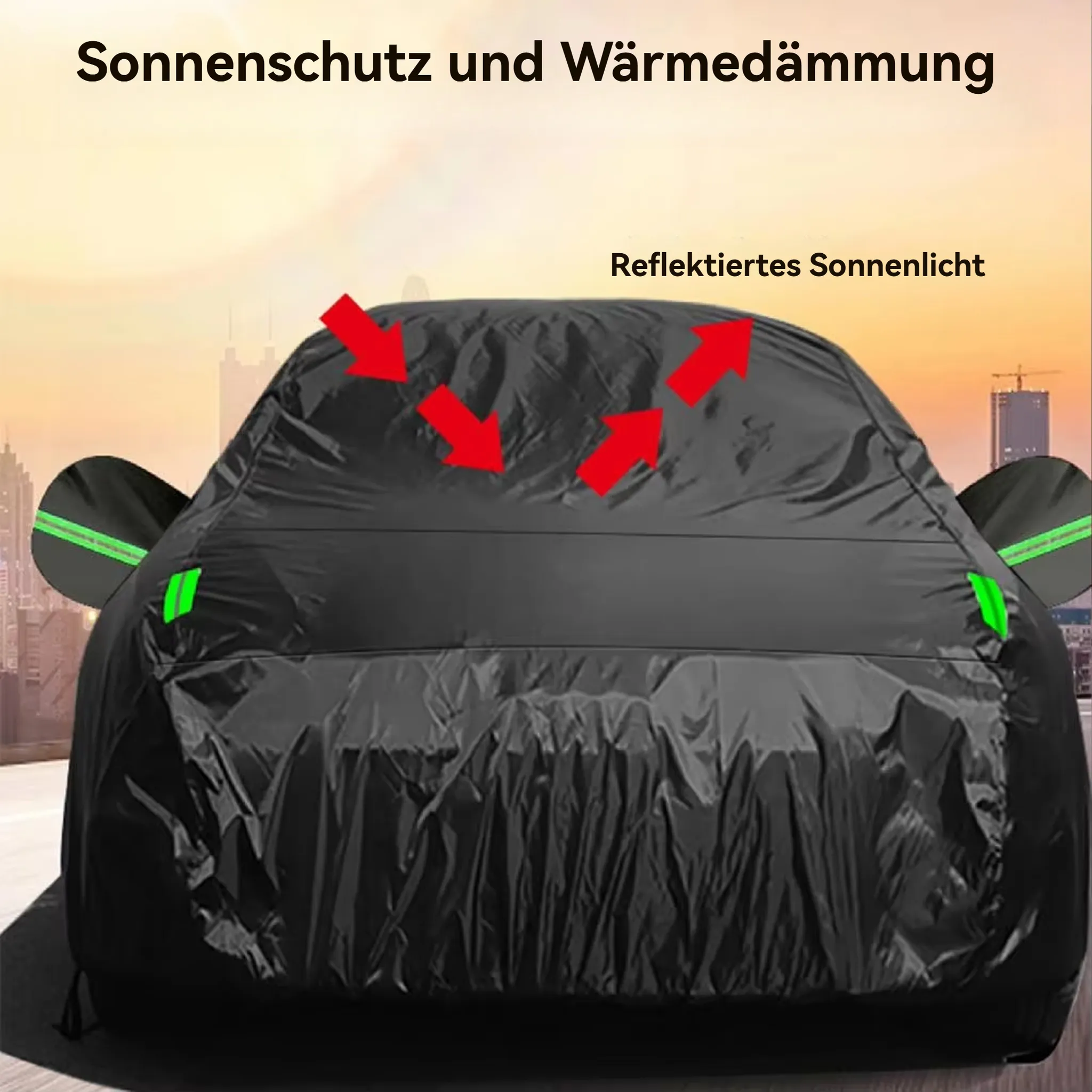 Schwarzer Autoüberzug mit roten Pfeilen, die Sonnenlicht reflektieren.