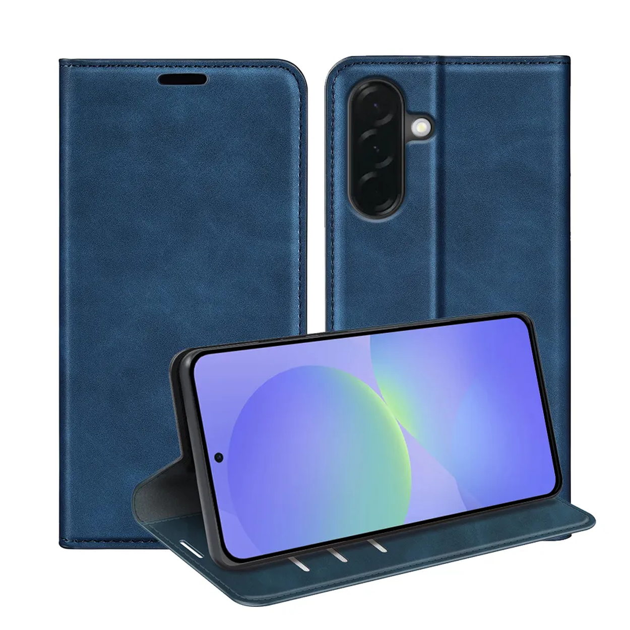 Étui de téléphone bleu foncé style livre avec un smartphone intégré.