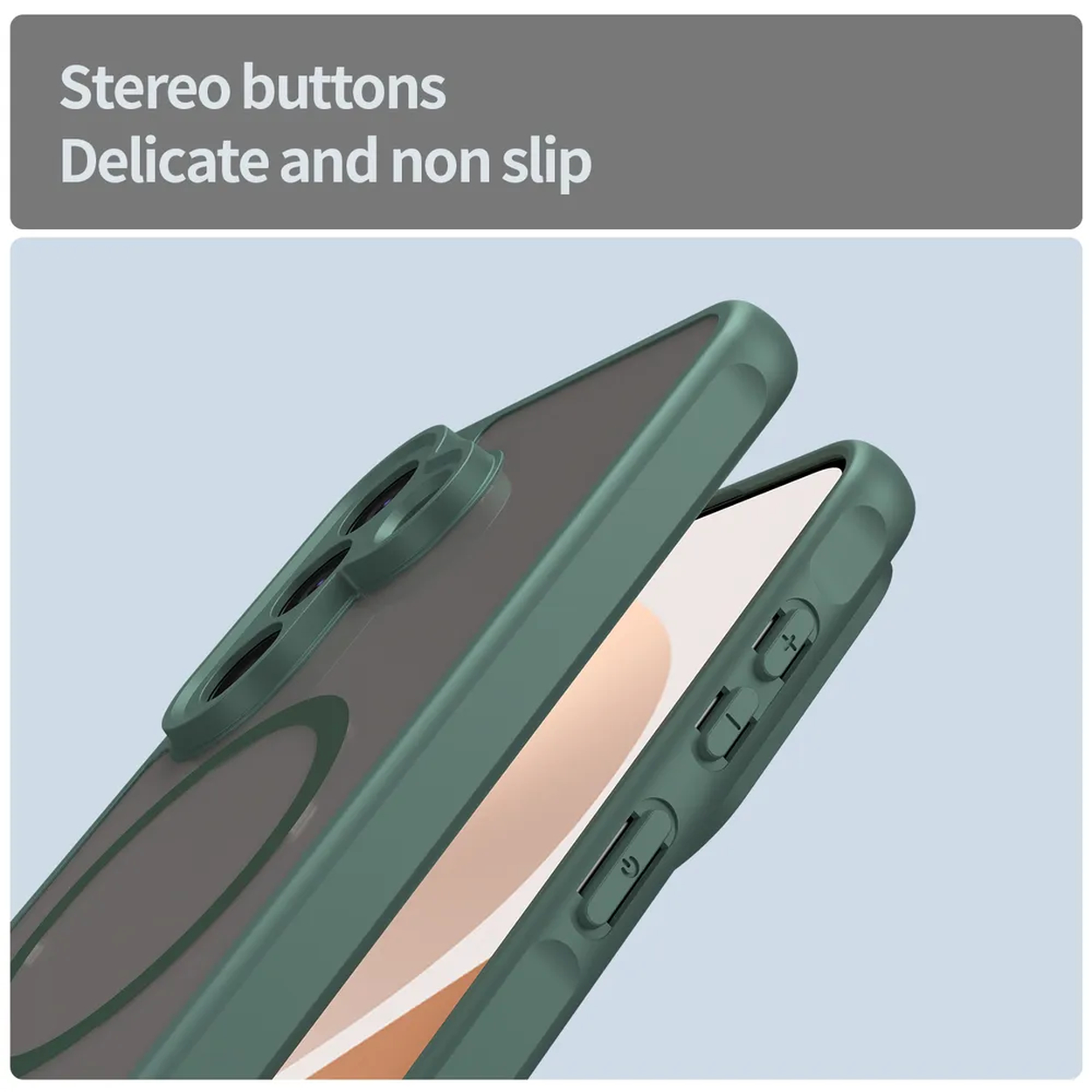Coque de téléphone verte avec boutons stéréo et découpe caméra.