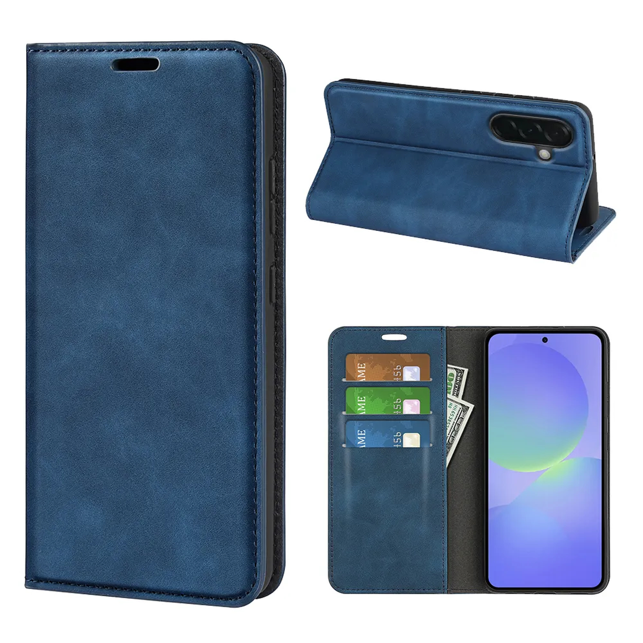 Étui de téléphone bleu avec fentes pour cartes et support, montrant un smartphone.