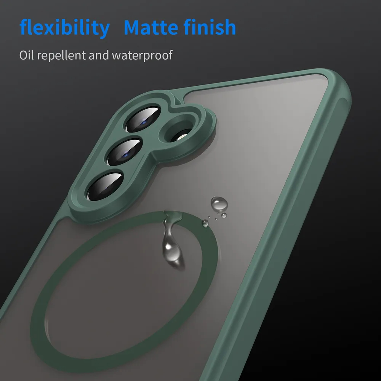 Coque de téléphone verte avec découpe caméra, finition mate et gouttes d'eau.