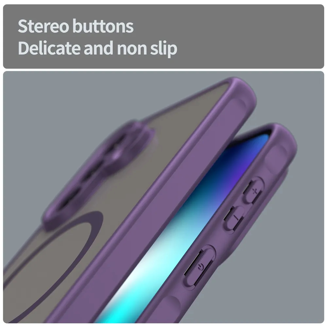 Paarse telefoonhoes met stereoknoppen en delicate, antislip grip.